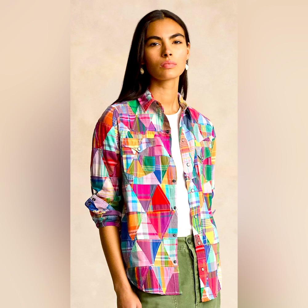 NWOT Polo Ralph Lauren Plaid Patchwork Cotton Western Shirt, Size Large